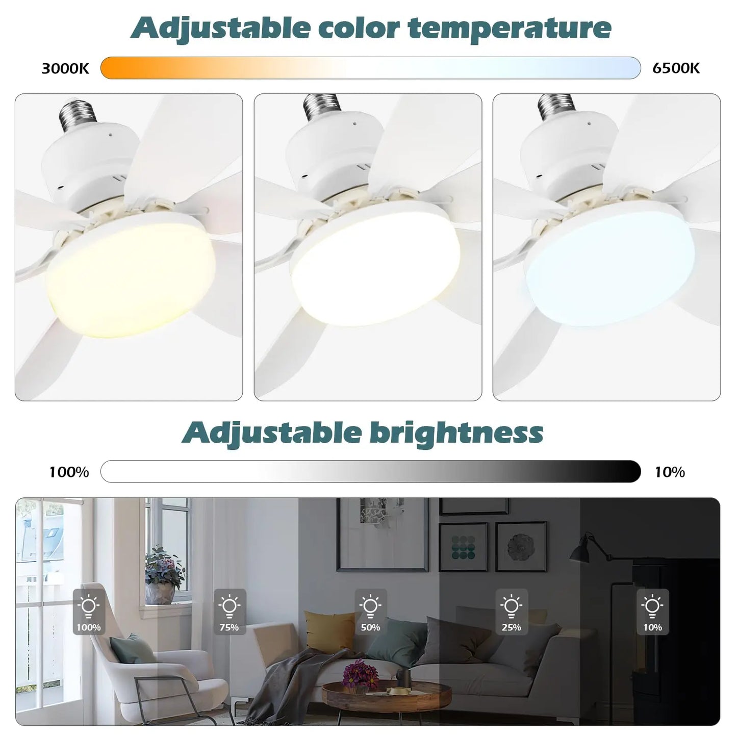 LED 30W ceiling fan light E27 with remote control for dimming, suitable for living room, study, household use.