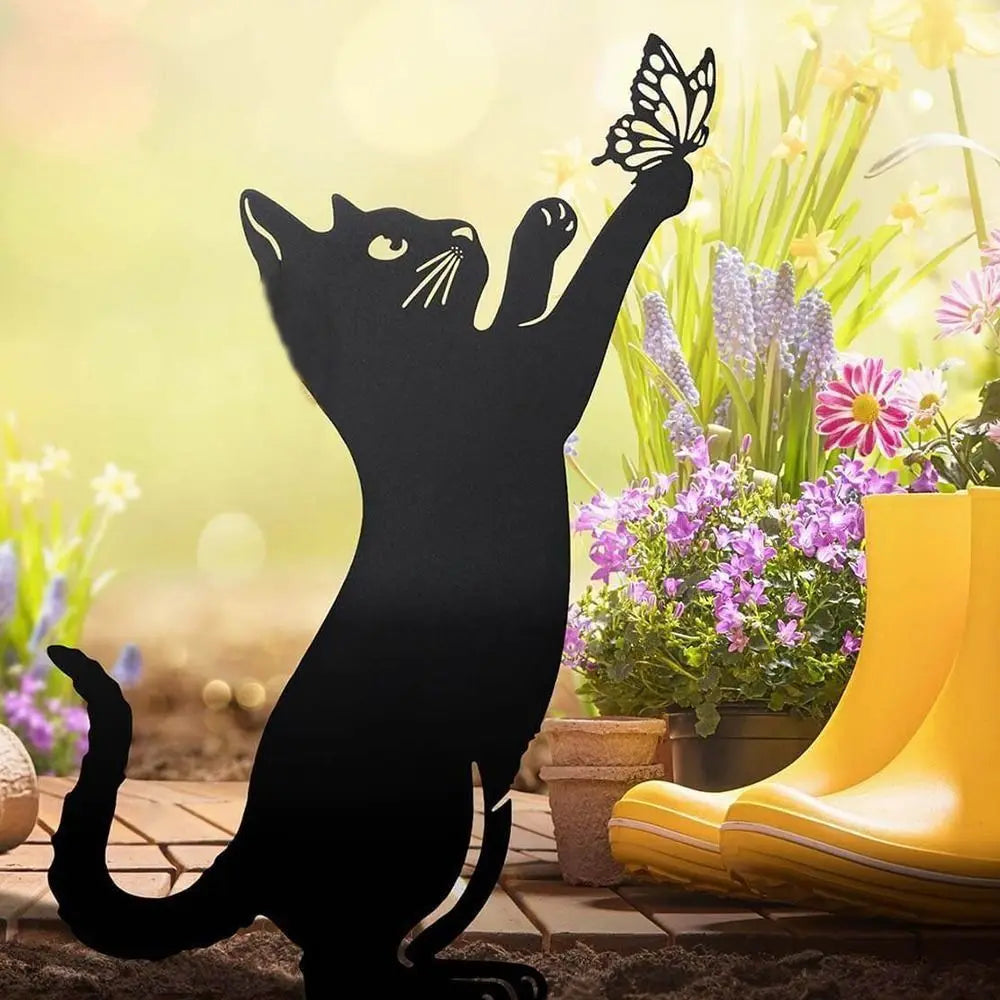 Iron Art Black Cat Garden Statue Silhouette Sculpture Outdoor Garden Backyard Decoration Waterproof Cat Figurine Yard Art