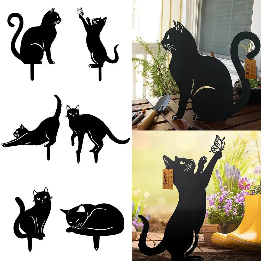 Iron Art Black Cat Garden Statue Silhouette Sculpture Outdoor Garden Backyard Decoration Waterproof Cat Figurine Yard Art